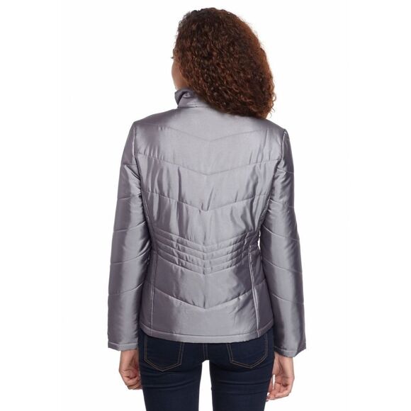 New! JANE ASHLEY Diamond Quilted Light Puffer Jacket Coat Pewter Metallic Small - Picture 2 of 3